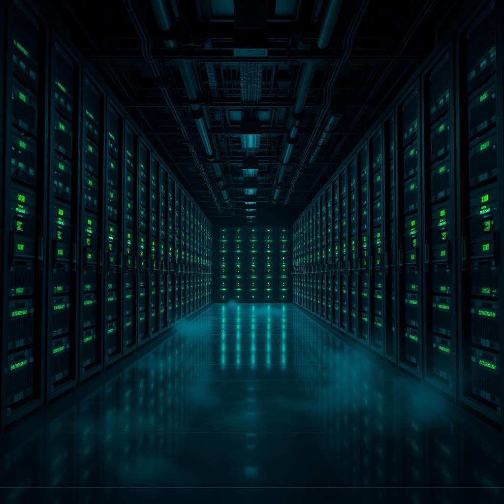Interior of a hyperscale AI data center with rows of server racks and battery storage modules glowing green and cyan