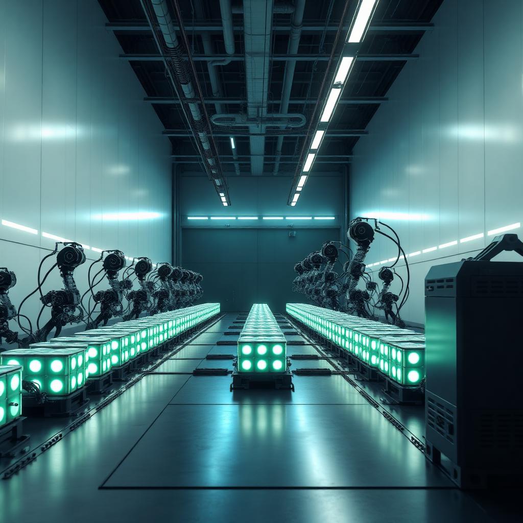 Futuristic battery gigafactory interior with robotic arms assembling glowing battery cells